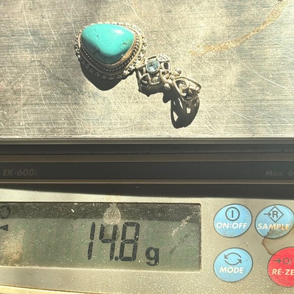 VTG Sterling Silver 925 Turquoise & Blue Topaz Pendant Size 2.5" Length - Picture 10 of 11